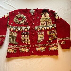 Embroidered Holiday Red Knit Cardigan Sweater